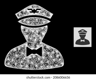 Glitter net mesh flying attendant icon with glowing spots on a black background. Light vector structure is based on flying attendant symbol, with intersected mesh and random light dots.