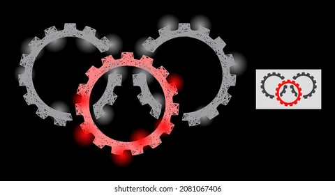 Engranajes de malla de red brillante con focos de luz sobre un fondo negro. El modelo vectorial de luz se basa en el pictograma de engranajes, con puntos lineales de red y luz.