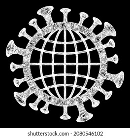 El coronavirus global de malla de red brillante con manchas de luz sobre un fondo negro. La estructura vectorial de luz se crea a partir del icono del coronavirus global, con malla interseccionada y puntos de luz.