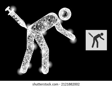 Glitter net mesh man vaccination with light spots on a black background. Light vector model is based on man vaccination pictogram, with irregular net and light dots.