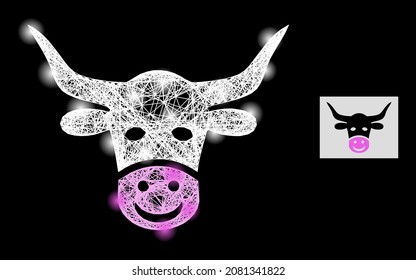 Glitter net mesh smiled cow head with light spots on a black background. Bright vector mesh based on smiled cow head icon, with hatched net and light dots.