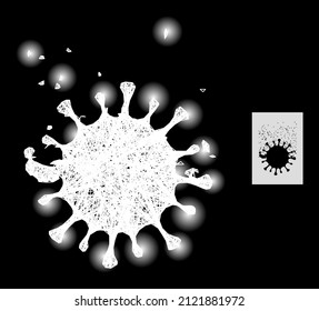 Glitter net mesh virus dissipation with light spots on a black background. Bright vector mesh based on virus dissipation symbol, with linear mesh and light dots.