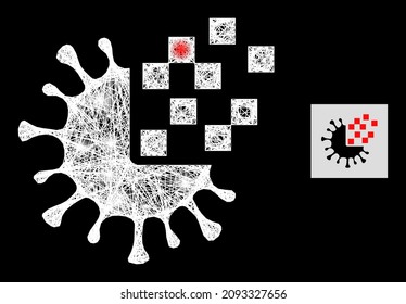 Icono de síntesis de virus de malla de red brillante con manchas de luz y malla blanca en un fondo negro. La estructura del vector de luz se basa en el glifo de síntesis de virus,