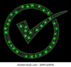 Glitter net mesh yes tick icon with light spots on a black background. Light vector structure based on yes tick pictogram, with triangular mesh and random light spots.