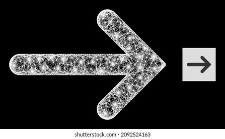 Glitter network right arrow icon with light spots on a black background. Light vector structure is based on right arrow icon, with irregular network and random light dots.