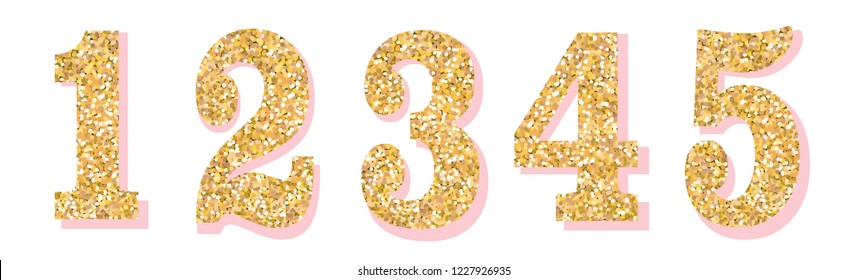 Glitter numbers with pink shadow. Part 1. For decoration of cute wedding, anniversary, party, label, headline, poster, sticker. Vector brilliant shimmer 1,2,3,4,5. Christmas elegant celebration design