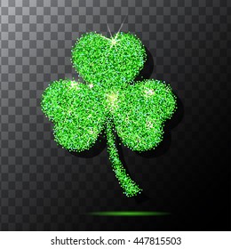 Glitter object. Clover for patrick s day design. Isolated . Green texture background. Vector. Traditional irish .