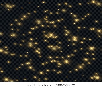 Glitter particle effect. Gold glittering cosmic star dust trail of sparkling particles on transparent background. Vector illustration