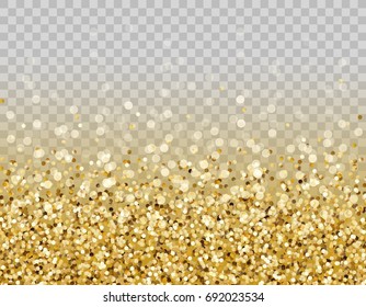 Glitter particles effect for luxury greeting rich card. Vector glow gold shimmer texture border with confetti for new year, christmas design. Light gold sparkles isolated on transparent background