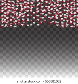 Glitter particles effect for Valentine's day luxury greeting card. Red hearts on transparent background. Sparkling texture. Vector illustration.