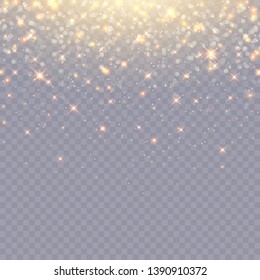 Glitter particles effect. Vector glow gold shimmer texture border with confetti and golden stars for new year, christmas design. Light gold sparkles isolated on transparent background.