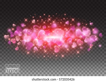 Glitter particles in heart shape. Star dust glittering sparks in explosion on transparent background. Sparkling diamond texture. Vector love saint valentine greeting card.