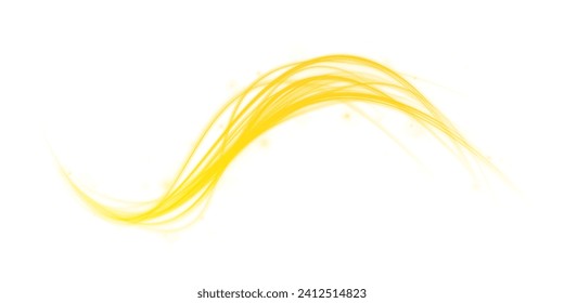 Glitter particles with lines. Yellow magic spirals with sparkles. Golden glowing shiny spiral lines effect. PNG.	