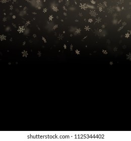 Glitter particles snowflakes overlay effect. Gold glittering star dust sparkling particles on black background. EPS 10
