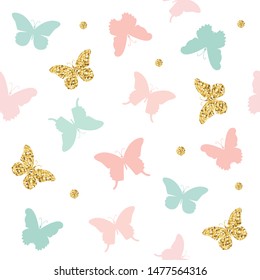 Glitter, pastel pink and blue butterflies seamless background. Cute girly pattern. Vector.