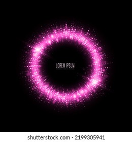 Glitter pink circle ring with glowing particles. Glowing circle frame with light effect.