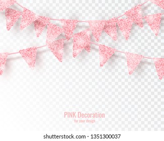 Glitter Pink Party Flags Decoration with Confetti isolated on transparent background. Vector Design Element for Birthday, Holiday and Celebration Banners