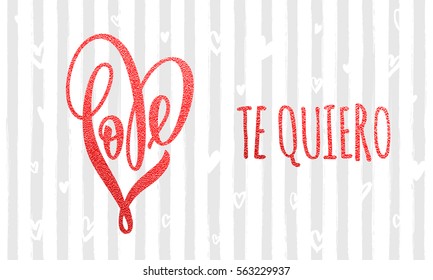 Glitter pink Valentine heart with tet Love and I love you in Spanish on stripe pattern for premium pink greeting card.