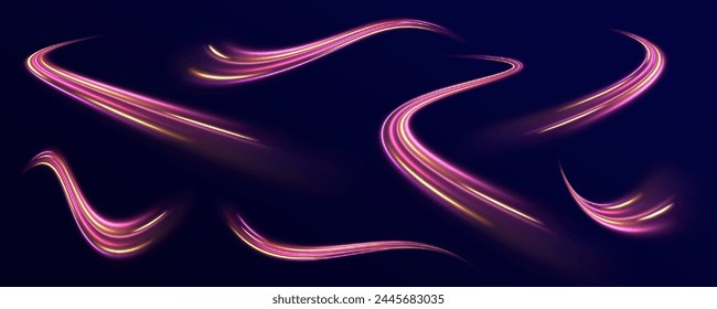 Glitter pink wave light effect. Futuristic dynamic motion technology. Neon color glowing lines background. Long exposure of motorways as speed. abstract speed movement pattern with shiny glowing.	
