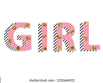 glitter polka black line pink girl text tee illustration art vector 