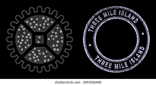 Glitter polygonal mesh net clock gear icon with glitter effect on a black background, and round Three Mile Island scratched seal imitation. Vector carcass is based on clock gear icon,