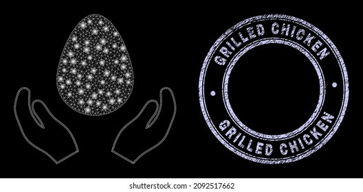 Glitter polygonal mesh net egg care hands icon with glitter effect on a black background with round Grilled Chicken dirty watermark. Vector model created from egg care hands icon, white mesh net used.