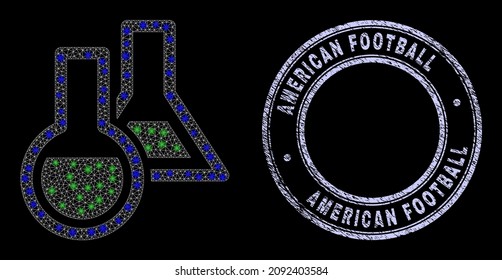Glitter polygonal mesh web chemical glassware icon with glitter effect on a black background with round American Football grunge seal. Vector frame generated from chemical glassware pictogram,