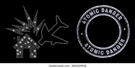 Glitter polygonal net airplane disaster icon with glitter effect on a black background with round Atomic Danger scratched stamp seal. Vector grid based on airplane disaster icon,