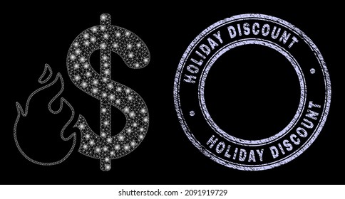 Icono de fuego poligonal neto en dólares brillante con efecto de resplandor en un fondo negro, y sello redondo de descontado de vacaciones. La constelación vectorial se basa en el icono del fuego del dólar, se utiliza la red de malla blanca.