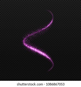 Glitter purple spiral vector isolated on black background. Confetti elements, sparkle dots and stars