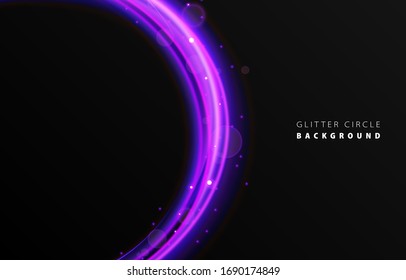 Glitter Purple Wave Neon Circle Ring Frame & Sparkle Flash Light Star Shimmer Vector On Black Background, Shiny Glow Violet Round Line Planet Curve, Futuristic Web Poster Card Print Template