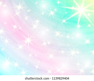 Glitter rainbow background. The sky in pastel color. Bright mermaid sparkle pattern.Vector illustration. Unicorn colorful backdrop.
