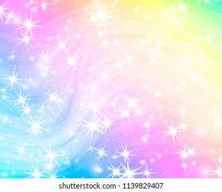 Glitter rainbow background. The sky in pastel color. Bright kawaii mermaid sparkle pattern. Vector illustration. Unicorn colorful backdrop.