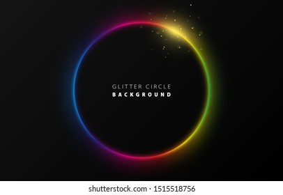 Glitter rainbow neon circle ring frame & sparkle flash light star shimmer vector black background  shiny glowing spectrum colorful round line planet curve  futuristic web poster card print template