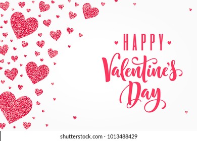 Glitter red hearts horizontal template. Happy Valentine's Day lettering. Vector illustration. Place for your text. Design for invitation, poster, card, banner, flyer