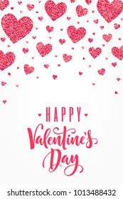 Glitter red hearts vertical template. Happy Valentine's Day lettering. Vector illustration. Place for your text. Design for invitation, poster, card, banner, flyer