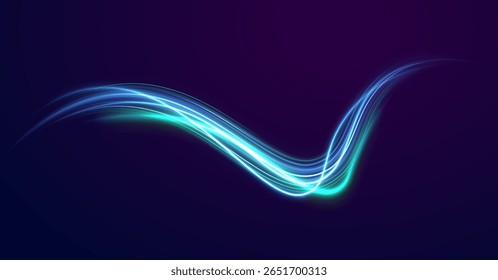 Glitter ring with electric green swirl and glowing flare in abstract neon burst light sparkle flash background motion illustration vibrant stream magic effect vector space

