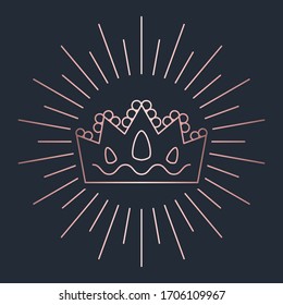Glitter Rose gold foil crown.Vector isolated icon.Glamour luxury design for selfie or video chat filter.Glow light confetti, bright sequins, sparkle tinsel, abstract bling, shimmer dust.