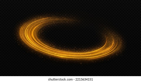 Glitter round trail on transparent background. Golden sparkle dust effect. Colorful glowing lines. Luxury yellow wave with light effect.