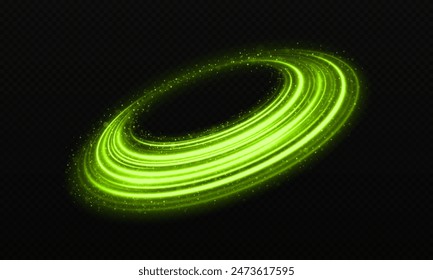 Glitter round trail on transparent background. Green sparkle dust effect. Colorful glowing lines. Luxury green wave with light effect.