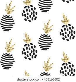 Glitter scandinavian abstract pineapple ornament. Vector white gold seamless pattern collection. Modern shimmer details stylish texture.