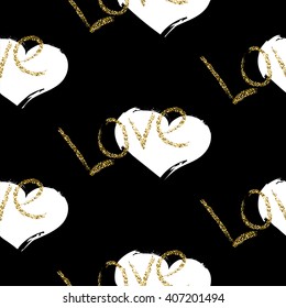 Glitter scandinavian black romantic brushed heart ornament. Vector gold love seamless pattern collection. Modern glam shimmer details stylish texture.