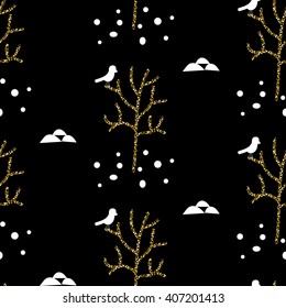 Glitter scandinavian black tree ornament. Vector gold tree woods with black bird seamless pattern collection. Modern shimmer details stylish texture.