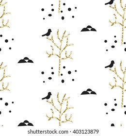 Glitter scandinavian ornament. Vector gold tree woods with black bird seamless pattern collection. Modern shimmer details stylish texture.