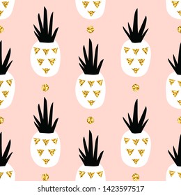 Glitter scandinavian seamless pattern with hand drawn pineapple and dot. Modern stylish background for design and decor. Vector illustration with cute pineapple.