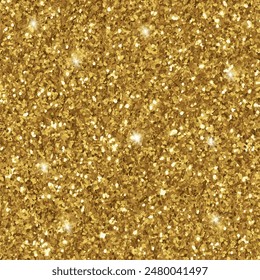 Glitter seamless pattern with golden circles and shiny sparkles. Golden glitter texture. Amber particles color. Celebratory background. 