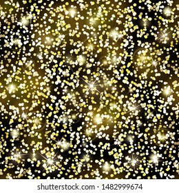 Glitter seamless pattern. Golden confetti texture. Luxury gold particles. Holiday Endless pattern made of sparkling sequins on black background. Festive decor for postcard, certificate, gift voucher.