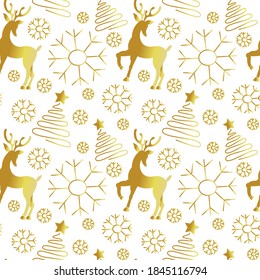 Glitter seamless pattern with golden deer and stars, christmas tree, fir, snowflakes for fabrics, paper, textile, gift wrap isolated on white background