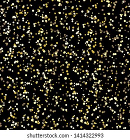 Glitter seamless pattern. Golden dust texture. Luxury gold particles. Holiday Endless pattern made of sparkling sequins on black background. Festive decor for greeting card, certificate, gift voucher.