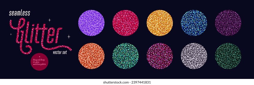 Glitter seamless pattern set, Shiny seamless colorful backgrounds with shimmer texture. Holiday vector abstract background. Vector illustration